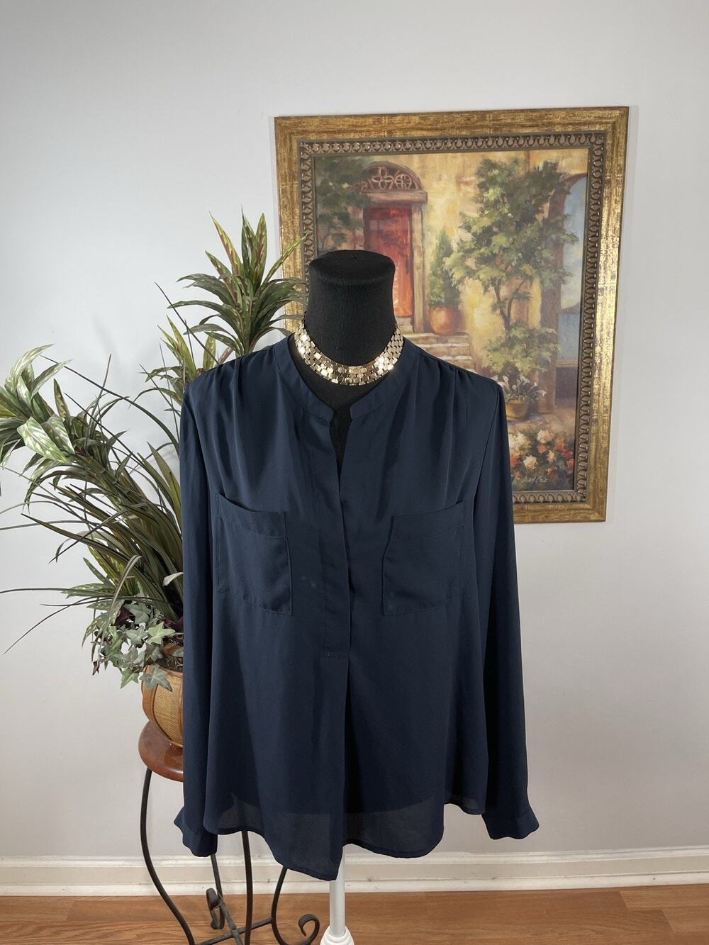 Your Sixth Sense Navy Blue Blouse 40 Roll Tab Sleeve Career Top Dark Academia